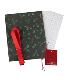 مجموعة تغليف الهدايا من جينجر راي بنقشة أوراق الهولي مع بطاقات وشريط أحمر - 6 قطع