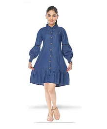 Flower Girl Balloon Sleeves Denim Dress - Blue