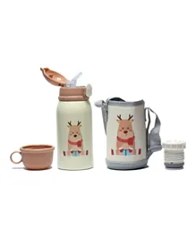 Bonjour Sip Box Standard Stainless Steel Water Bottle With Straw Beige Reindeer - 450ml