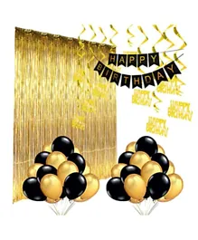 Party Propz Happy Birthday Banner Balloons Swirls and Foil Curtain Decoration Combo Black & Gold - Pack of 45
