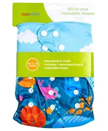 Baby Vision All-In-One Reusable Diaper with One Insert Sea Animal Design - Multicolour