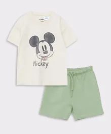 LC Waikiki Mickey Mouse Cotton  T-Shirt and Shorts Set - Beige
