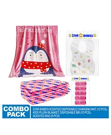 Star babies Plush blanket, disposable bibs 10pcs, scented changing mat 12pcs, scented bag Pack of 5 - Multicolor
