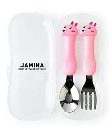 Brain Giggles Kids Stainless Steel 2 pcs Animal Tableware Spoon and Fork with Travel Case - Pink