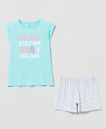 OVS Cotton Ice Cream Graphic T-Shirt & All Over Printed Shorts Set - Aruba Blue & Grey