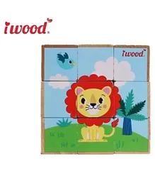 Iwood Cartoon Animal Educational Toy Lion 3D Wooden Jigsaw Block Cubes Puzzle - 9 Pieces