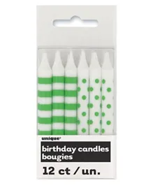 Unique Green Dot and Stripe Birthday Candles - Pack of 12