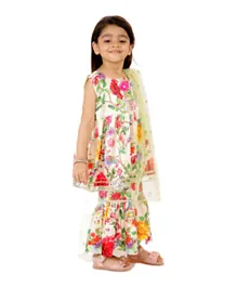 Little Bansi Sleeveless Floral Print Kurta With Sharara & Dupatta - Yellow
