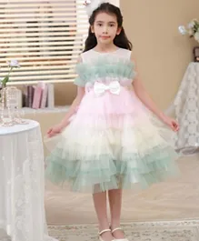 Le Crystal Bow Detailed Ruffle Net Tulle Party Dress - Pink/Green/White