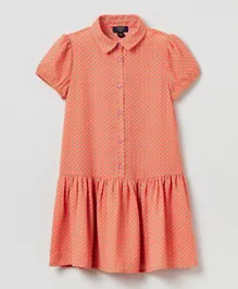 فستان قميص او في اس بتفاصيل الكشكشة - برتقالي