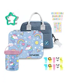 Eazy Kids Bento Lunch Box + Lunch Bag + Steel Food Jar With Accessories Unicorn - Blue