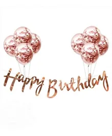 Highland Rose Gold Happy Birthday Banner & Confetti Balloons - 12 Inches