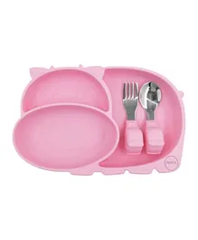 Amini Kids Hippo Plate With Cutlery Set - Pink