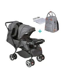 Moon Magnum Tandem Easy Fold Twin Stroller + NUTRA Diaper Backpack With Changing Mat & Purse - Grey