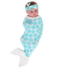 BABYjoe Baby Cocoon Swaddle Mermaid Baby with Headband and Announcement Card- Blue