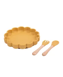 Amini Kids Cat Plate With Silicon/Bamboo Spoon And Fork - Mustard