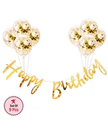 Party Propz Birthday Banner with Confetti Balloons Combo Golden  - Pack of 9