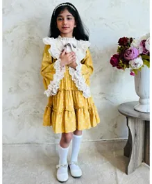 Liba Fashion Nour  Vintage Style Floral Lace Detail Polka Dots High Neck Dress - Yellow