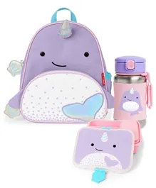 Skip Hop Zoo Backpack - Narwhal - 12 inches + Stainless Steel Straw Bottle Narwhal - 350ml +  Zoo Lunchie Insulated Kids Lunch Bag - Narwhal