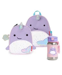 Skip Hop Zoo Backpack - Narwhal - 12 inches + Stainless Steel Straw Bottle Narwhal - 350ml +  Zoo Lunchie Insulated Kids Lunch Bag - Narwhal