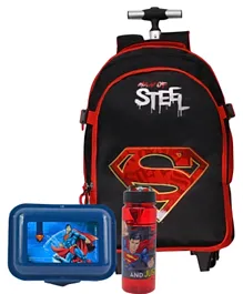 Superman Steel Trolley  Bag F21 - 18.5 Inches+ Lunch Box - Blue+ Tritan Water Bottle - 650ml