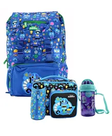 Smily Kiddos Holiday Strap Sipper Bottle Purple - 430 ml + Fancy Foldover Backpack Blue - 18 inches + Multi Compartment Lunch Bag -  Blue Black
