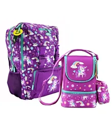 Smily Unicorn Print Fancy Backpack - Purple + Strap Lunch Bag - Purple
