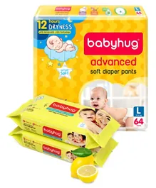Babyhug Advanced Pant Style Diapers Large - 64 Pieces And 2 Packs Of Babyhug Premium Baby Lemon Wipes - 72 Pieces