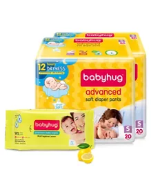 Babyhug Advanced Pant Style Diapers Small - 20 Pieces Pack of 2 with Babyhug Premium Baby Lemon Wipes - 72 Pieces