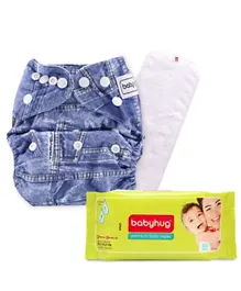 Babyhug Reusable Cloth Diaper With Insert - Blue plus Babyhug Premium Baby Wipes 80pcs