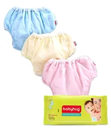 Babyhug Waterproof Nappy With Elastic Set of 3 - Pink Blue Yellow plus Babyhug Premium Baby Wipes 80pcs