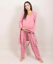 Oh9shop Three Pieces Set Floral Cotton Maternity and Hospital Pajama Set - Pink