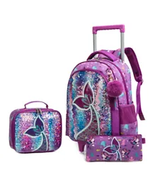 إيزي كيدز طقم حقيبة المدرسة على عجلات وحقيبة الغداء ومقلمة الأقلام تصميم حورية البحر باللون الأرجواني - 18 إنش