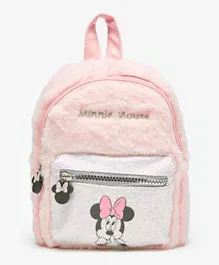 Disney Minnie Mouse Print Backpack with Faux Fur Detail and Zip Closure - Pink