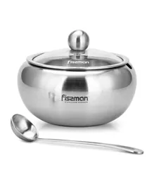 Fissman Sugar Bowl With Glass Lid & Spoon Stainless Steel Silver - 560mL