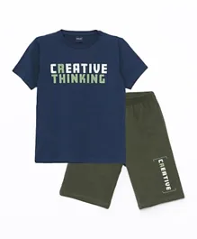 LC Waikiki Creative Thinking Graphic Crew Neck T-shirt & Shorts Set - Blue & Green