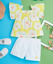 Smart Baby Printed Frill Sleeved Top With Fully Elasticated Shorts Set - Yellow & White