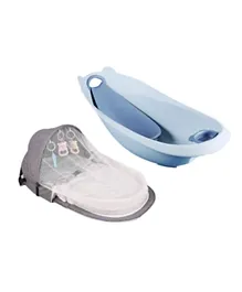 Star Babies Baby Mosquito Bed with  Smart Sling 3-Stage Bath Tub - Grey & Blue