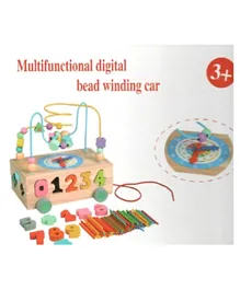 Factory Price Multifunctional 4-In-1 Wooden Activity Cube with a Bead Winding Pull Along Car  Number Design -  Multicolor