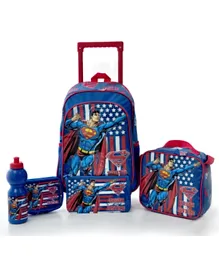 DC Comics WB Superman Truth & Justice 16 inch Trolley Backpack + Pencil Pouch + Lunch Bag + Lunch Box +Water Bottle