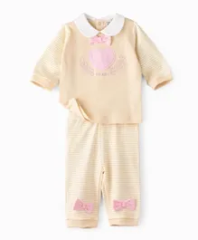 Tiny Hug Cotton Heart Patch & Embroidered T-Shirt With Striped Pyjama Set - Multi Color