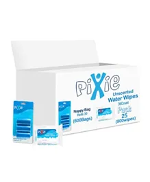 Pixie Water Wipes Pack of 900 Wipes + Nappy Bags 600 Pieces