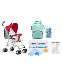 Star Babies Mega Pack Stroller + 10 Disposable Changing Mats + 10 Disposable Changing Mats Bibs + Diaper Bag + 5 Scented Bag - Red