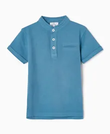 Zippy Button Closure Mandarin Neck T-Shirt - Blue