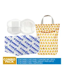 Star Babies Disposable Changing Mat 10 Pieces + Small Diaper Bag + Disposable Breast Pad 20 Pieces - Combo Pack