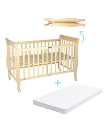 Moon Wooden Foldable Baby Crib + Crib Mattress - Natural Wood & White