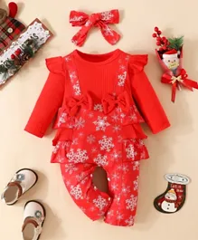Babyqlo Snowflakes All Over Printed Romper Set With Headband - Red