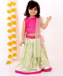 Little Bansi Sleeveless Silk Banarsi Motif Design Choli With Golden Work Lehenga & Dupatta - Pink