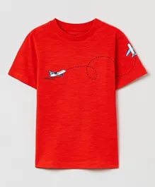 OVS Plane Printed Round Neck T-Shirt - Red