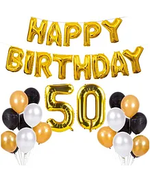 Party Propz Happy Birthday Foil Letter Balloons and 50 Number Golden Balloon and Black and Gold and White Latex Balloons 51 Pieces